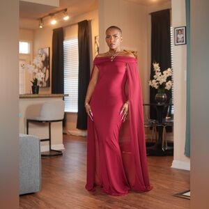 Elegant Off-Shoulder Burgundy Evening Gown